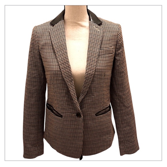 Club Monaco Plaid Checked Neutral Leather Collar Trim Blazer Jacket Sz 6